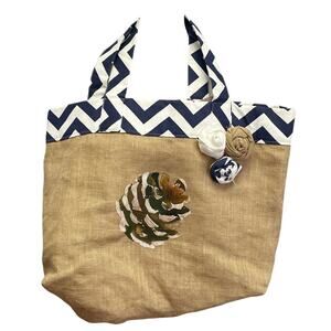 Hand Printed Upcycled Rustic Woody Pine Cone Burlap Tote Shoulder Bag Handbag
